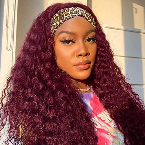 Red Headband Wig Human Hair Kinky Curly Headband Wig With Color 10A Glueless Machine Made None Lace Front Wigs Wet and Wavy Headband Wig With Bangs 180% Density (22 Inch)