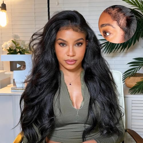 owenlook 4C Edge Kinky Straight Human Hair Wigs 13x6 HD Lace Front Wigs Human Hair 250% Density Wig With Curly Edges Baby Hair For Black Women Natural Color 24 Inch
