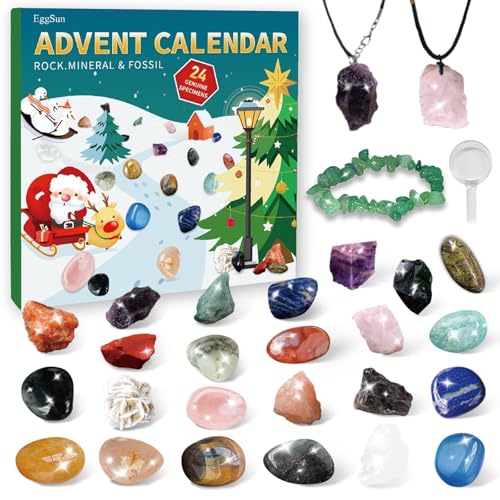EggSun Crystal Rock Advent Calendar 2024,Winter Gift Countdown Calendar,Winter Natural Rock Minerals Fossils Stone Collection Toys with Gift Box Gem for Girls Boys Geology Enthusiasts