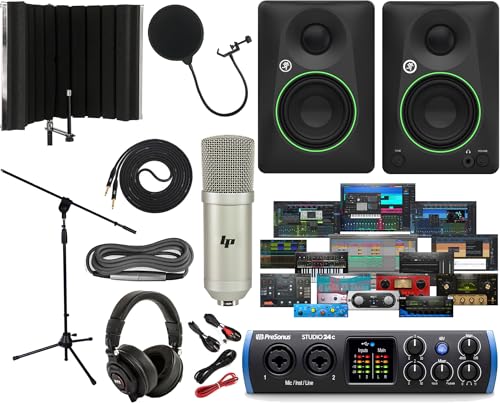 PreSonus Studio 24c 2x2 USB Type-C Audio/MIDI Interface with CR3-X Creative Reference Multimedia Monitors and 1/4” Instrument Cable and Microphone Isolation Shield