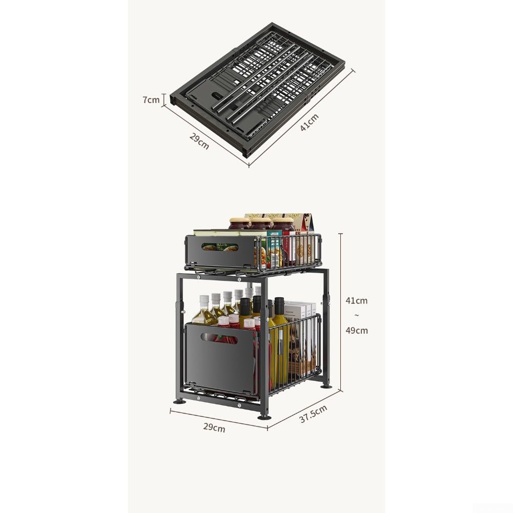 Organizer pod zlew z wysuwanymi półkami, regulacja wysokości 41–49 cm, stalowy schowek do szafek kuchennych i łazienkowych (czarny)