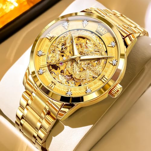 Image of OLEVS Dragon Skeleton Mens Automatic Watch 42MM Large Dial Gold Luxury Self-Winding Diamond Waterproof Stainless Steel Business Tourbillon Mechanical Watches