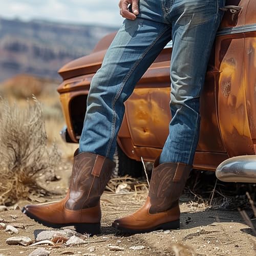 Image of Rollda Cowboy Boots for Men Western Boots Men's Square Toe Chunky Heel Mid-Calf Boots Classic Embroidered Pull On Boots