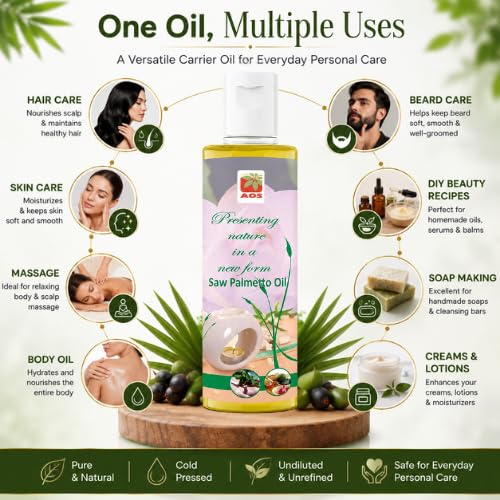 Image of AOS Products Saw Palmetto Oil 200ml | 100% Pure & Natural | Undiluted Carrier Oil | Cold Pressed | Multipurpose Oil for Hair, Skin & Massage | Premium Quality