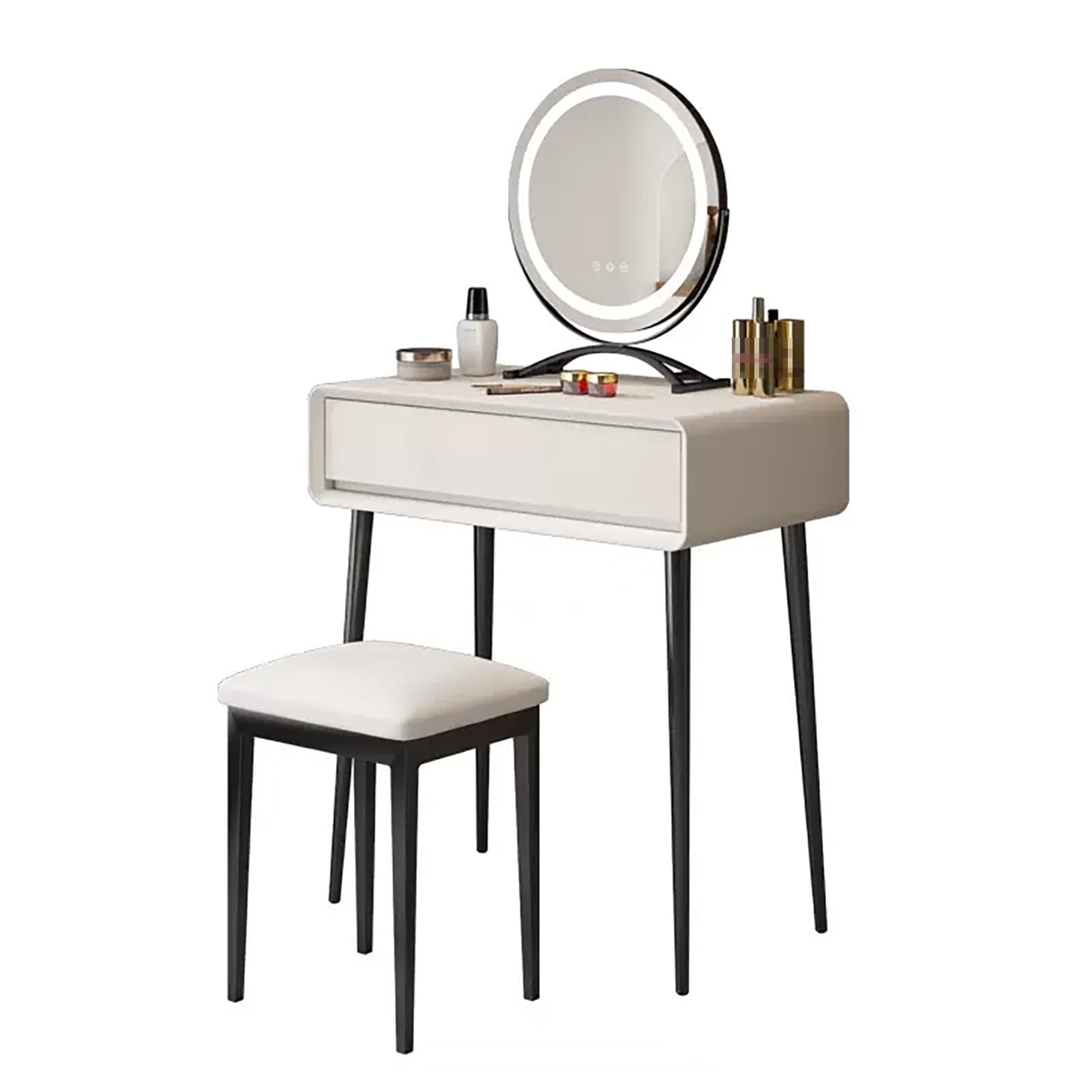 asdchZen Stylish Makeup Vanity Desk With 360°Rotating Mirror, Microfiber Leather, Makeup Dresser Set With Stool, Carbon Steel Legs, Modern Dressing Table,White-70cm/27.5in
