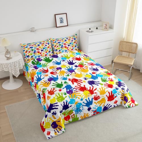 Image of Feelyou Cute Handprint Bedding Set Kids Boys Girls Watercolor Rainbow Comforter Set King Size Modern Duvet Insert Colorful Hand Shapes Abstract Decoration