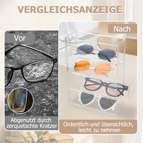 Sonnenbrillen Aufbewahrung aus Acry mit 4 Brillen Organizer Schublade, Verdickter Brillenständer für Uhren Ketten Brillen Kosmetika Lesebrillen Transparent 24.6 x17.5 x 6.5 cm