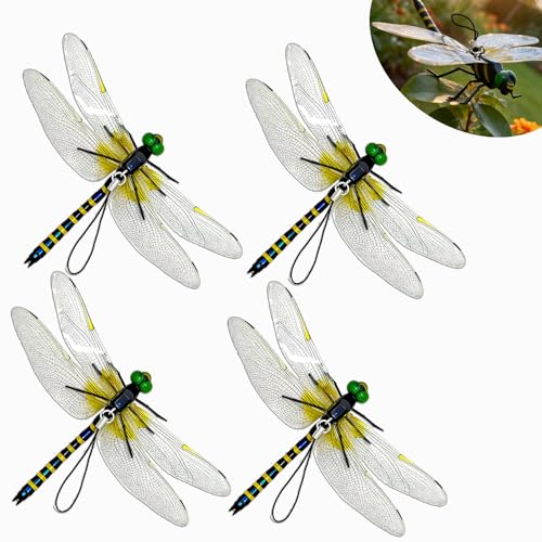 SKYPURE 3D Artificial Dragonfly Bug Repellent (4Pcs) – Lifelike Outdoor Hanging Ornament & Garden Decor – Natural Fly,Durable PVC Hanging Use (Yellow)