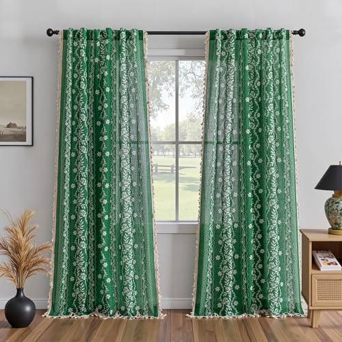 Image of MYSKY HOME Green Boho Linen Blend Curtains 84 inch Length 2 Panels Set for Living Room Dining Room Farmhouse Semi Sheer Floral Printed Vintage Bohemian Drapes with White Tassel Back Tab, 50 inch Wide