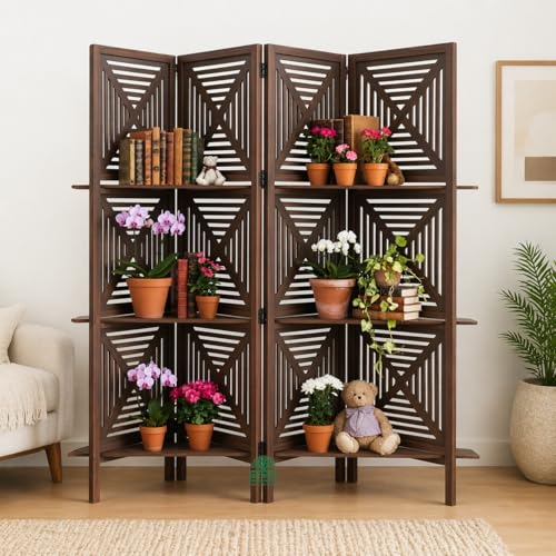 Image of Wooden Room Divider 6 Feet, 4-Panel Folding Wooden Partition for Living Room, Office, Pooja Room, Restaurant, Kitchen & Balcony (2W x 1.82H Meters). (Coffee-Shelves)