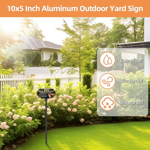 Image of Funny No Soliciting Sign for House with Adjustable 37 inch Stake, Dogs & Kids are Crazy Private Property Sign for Yard, 10x5 inch Rust-Free Aluminum, UV Protected for Lawn and Home