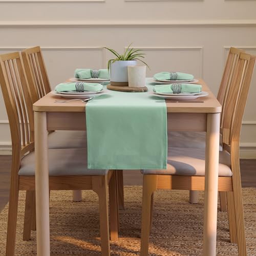 Image of Encasa Homes Table Runner for 6 Seater Dining - Mint Green - Large 13 x 72 inch, 100% Cotton Plain Dyed Solid Colours Decorative Cloth for Party, Banquet, Restaurant & Outdoors - Machine Washable