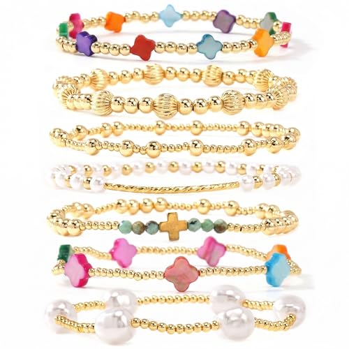 SHINUS BOHO 14K Gold Beaded Colorful Clover Bracelets Stack for Women 7PCS Bohemian Cross Pearl Beads Stackable Stretch Bracelet Set Fashion Birthday Prom Jewelry Accessories Gift Friendship Sister