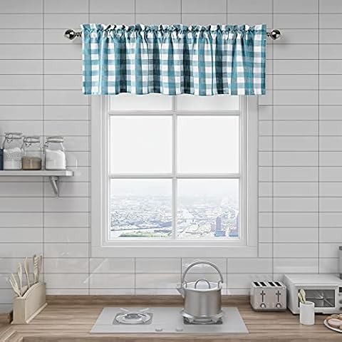 Amzdecor Buffalo Plaid Valance Farmhouse Kitchen Curtain Teal White Linen Sheer Check Rod Pocket Rustic Window Treatment Cover
