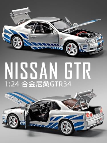 Image of PLUSPOINT Diecast Metal Skyline GTR-R34 P.Walker Edition Sport Car 1:24 Scale Simulation Model Alloy Metal Pull Back Toy car for Kids with Openable Doors & Light, Music Toy Vehicle for Kids, Adults