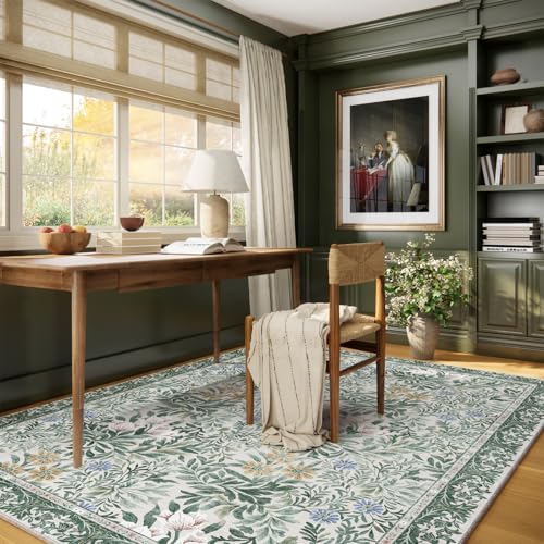 Image of Botanical Floral Area Rug 5x7 Light Green Cream Vintage Garden Design, Perfect for Living Room, Bedroom, Kids Room, Nursery - Stain & Water Resistant Non-Slip, Pet & Child Friendly Area Rugs