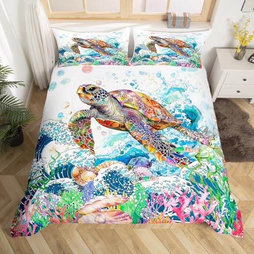 jejeloiu Sea Turtle Duvet Cover Toddler Ocean Wave Bedding Set Kids Boys Girls Reptile Tortoise Animal Comforter Cover Set Summer Ocean Sea Marine Creature Sealife Bedspread Cover?No Comforter