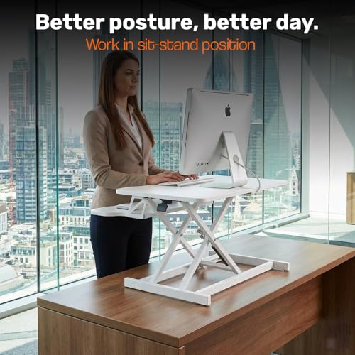 Image of TARKAN Standing Desk Converter, Height Adjustable Workstation, Hydraulic Sit Stand Desk Riser (65cmx40cm TableTop, 50cm Height) (White)