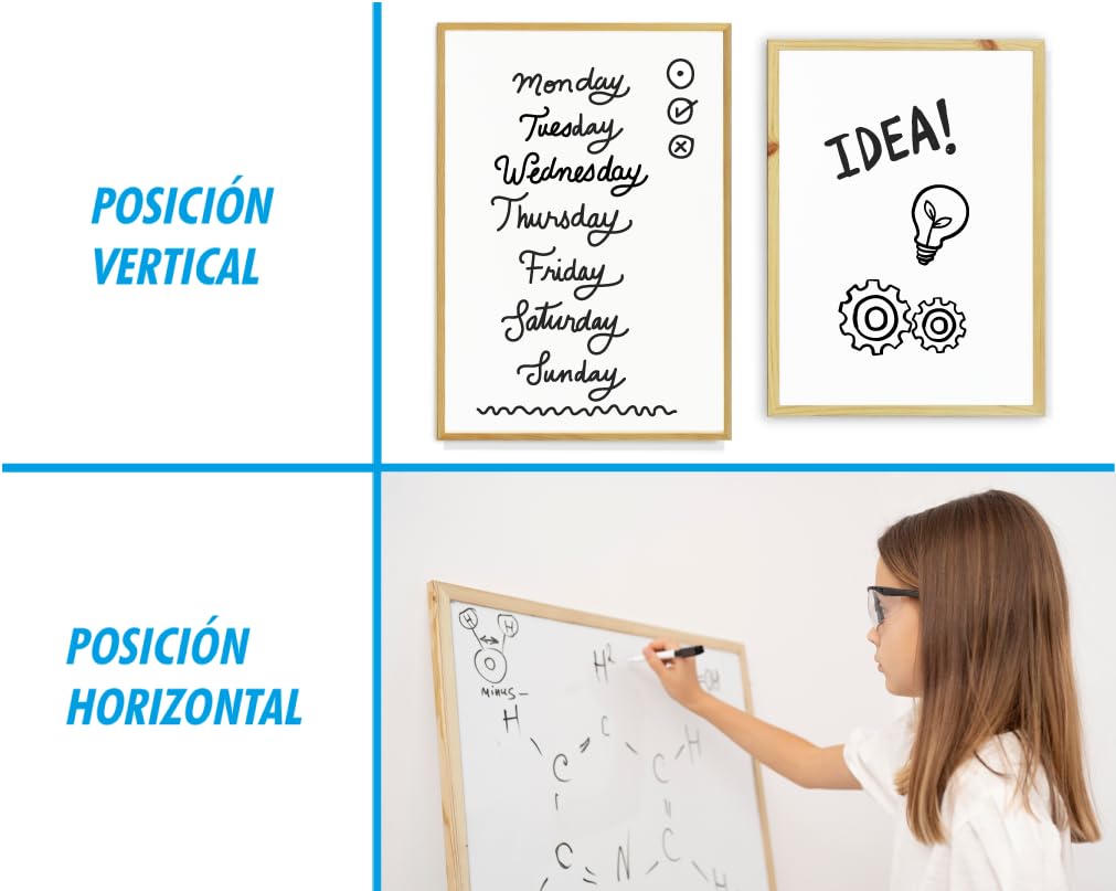 CHELY INTERMARKET Pizarra Blanca Esmaltada 50X70 CM NO Magnética Marco Madera Incluye Rotulador Borrador Kit Colgar Tablero Oficina Escuela Reuniones Presentaciones Dibujos Planificación