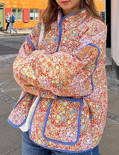 Eisctnd Women's Cropped Puffer Quilted Jacket Cardigan Floral Printed Lightweight Long Sleeve Short Padded Coats2