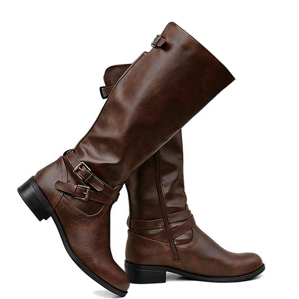 (SIZE 15) Womens Knee High Boots Chunky Low Flat Heel Side-Zip Back Lace-Up Faux Leather Riding Footwear