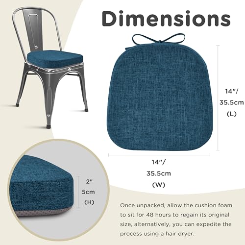 Image of AddGrace Set of 6 Chair Cushions for Metal Dining Chairs 14x14 Navy | Non Slip,Washable Removable Cover with Ties, Textured, for Kitchen Dining Room Indoor, Hard Wooden Chairs, Family Gathering
