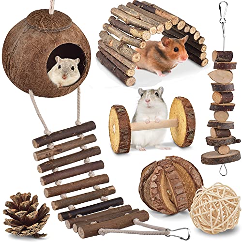 KATUMO Hamster Toys, Natural Coconut Hamster Hideout with Ladder, Hamster Suspension Bridge Climbing Ladder, Natural Wooden Chew Toys for Dwarf Syrian Hamster Mice Gerbils Small Rodent Animals