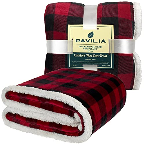 Pavilia Buffalo Plaid Sherpa Blanket Throw | Fuzzy Red Black Checkered Flannel Fleece Blanket For Couch Bed | Fluffy Warm Soft Christmas Plush Microfiber Blanket | 50X60 #TOP1