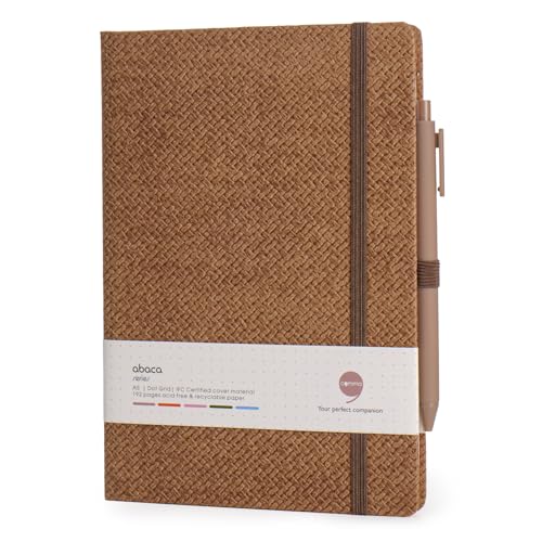 Image of COMMA Abaca - A5 Size - Dot Grid Hard Bound Notebook with Pen & Elastic Band Closure - 192 Pages - 80gsm Natural Shade Paper - Textured Cover Material - (Walnut)