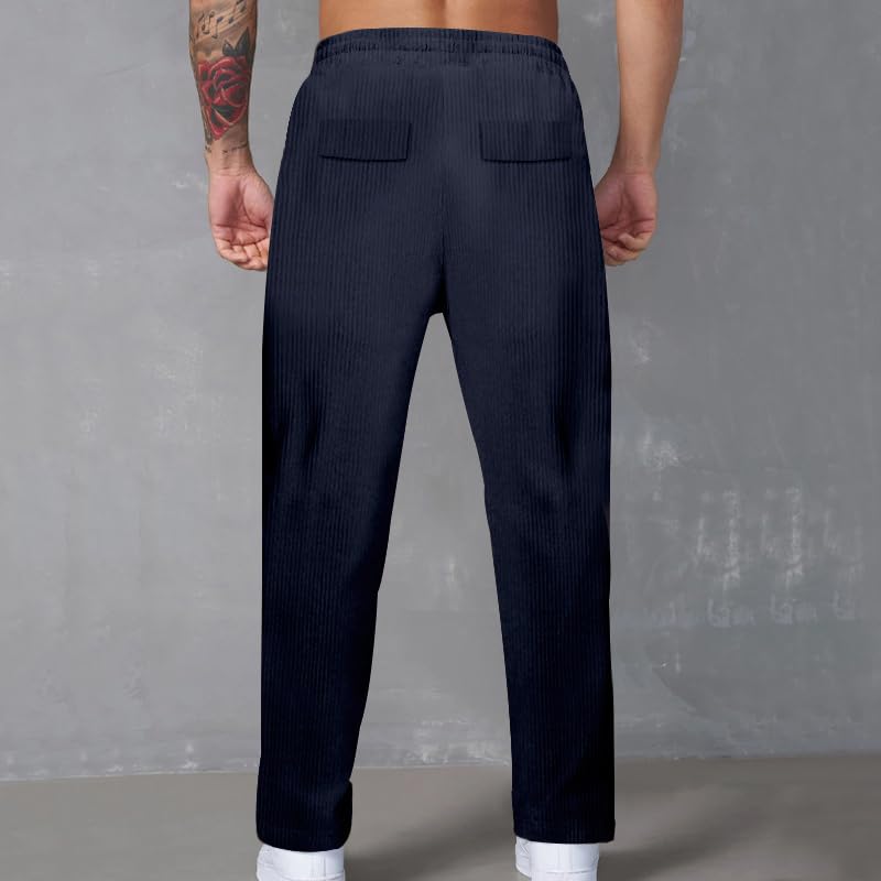 Men's Casual Cargo Drawstring Pants Elacstic Waist Solid Color Trousers with Pockets Straight Leg Trendy Outfits Fashion Loose Fit Relaxed Sweatpants Blue 2XL3