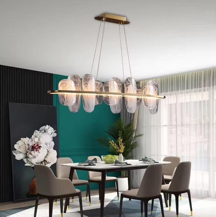 Image of Crystal Ripple Glow Linear Chandelier|3-Color Light Options Luxury-Metal Glass LED Pendant Light for Dining Room, Living Room, Kitchen Island