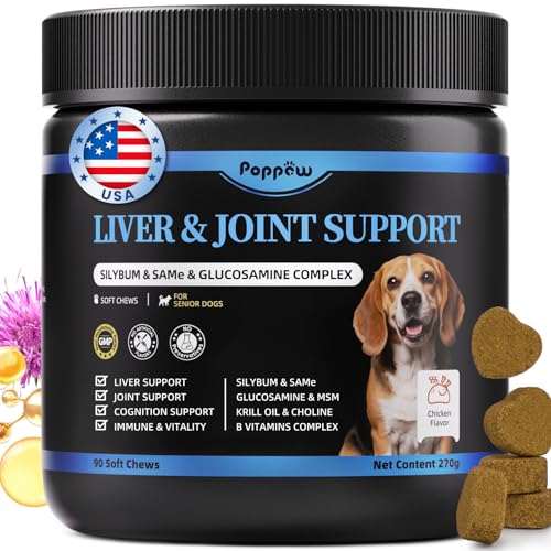 POPPAW Liver Health Supplement for Senior Dogs - Joint Health Support with Silybum Marianum, SAMe, Krill Oil, Glucosamine, B Vitamins Complex, MSM, Choline for Old Dogs, Chicken Flavor - 90 Soft Chews