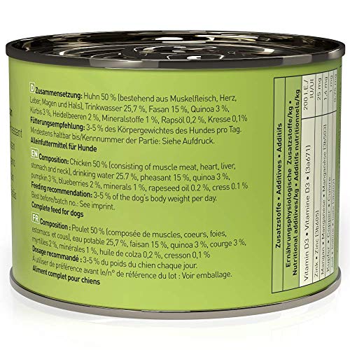 dogz finefood Hundefutter nass - N° 4 Huhn & Fasan - Feinkost Nassfutter für Hunde & Welpen - getreidefrei & zuckerfrei - hoher Fleischanteil, 6 x 200 g Dose