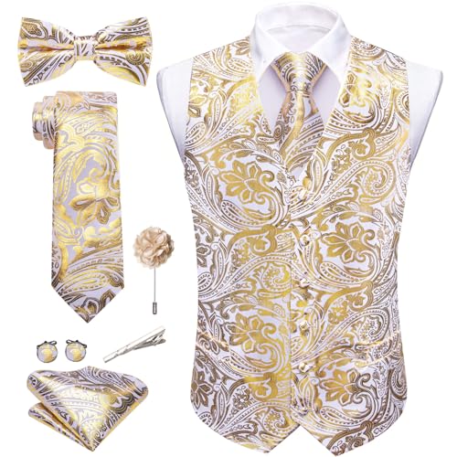 Barry.Wang Mens Vest Tie BowTie Set Shiny Floral Suit Vests Necktie Cufflinks Hanky Formal Waistcoat Wedding Party Disco 7PCS2