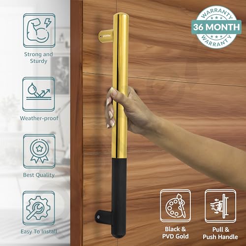 Image of Plantex Door Handle /14 Inch Main Door Handle /Stainless Steel and Aluminium Door Handle /Pull-Push Door Handle /Door Accessories (Pack of 1, Black & Gold)