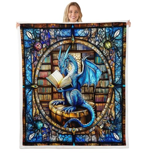 Western Dragon Kids Throw Blanket,Blue Dragon Reading Book Booksh...