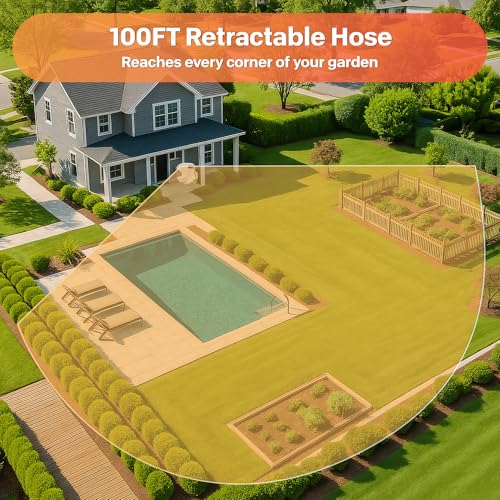 Ayleid Retractable Garden Hose Reel,1/2 in x 100 ft Wall Mounted Hose Reel, with 9- Function Sprayer Nozzle, Any Length Lock/Slow Return System/Wall Mounted/180°Swivel Bracket (Grey)