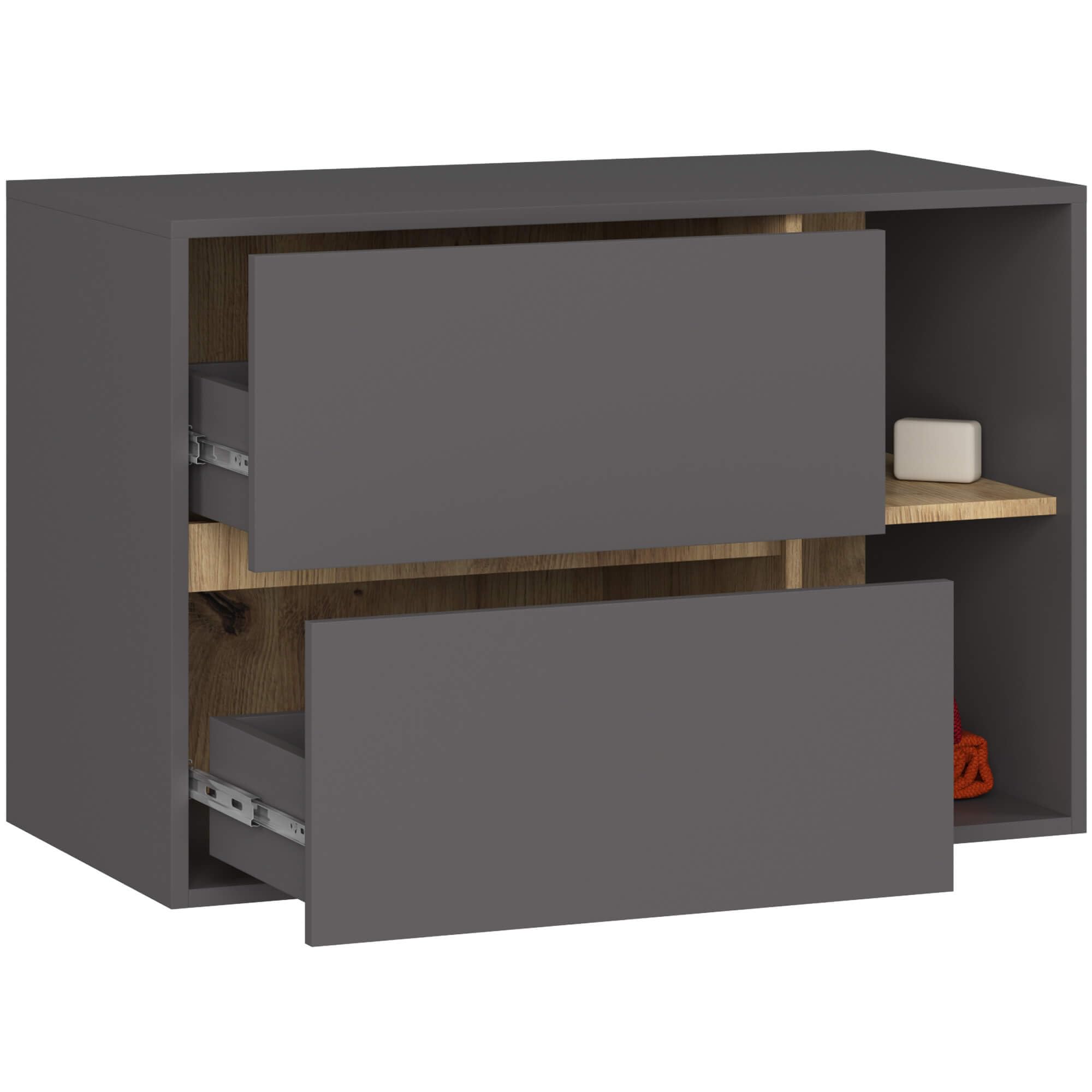 AKORD Mobile Bagno Sospeso con Lavabo - Mobile Lavabo Bagno 90 cm, 2 Cassetti - Moderno, Versatile - Per Montaggio a Parete - Vani Aperti - 90x60x45,5 cm - Grigio Grafite & Rovere Artisan