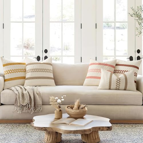 Image of MIULEE Set of 2 Neutral Boho Decorative Pillow Covers 20x20 Inch Farmhouse Rustic Couch Throw Pillows Modern Spring Cotton Cushion Covers Retro Cute Macrame Woven Home Decor for Bed Sofa Chair