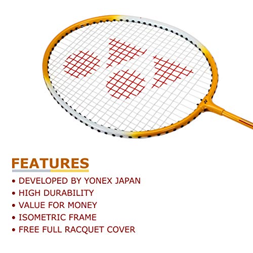 Image of Yonex Mavis 10 Nylon Shuttlecock, Yellow, Pack of 6 | Made in Japan (Green Cap)&Yonex GR 303 Aluminum Blend Badminton Racquet with Full Cover (Yellow)