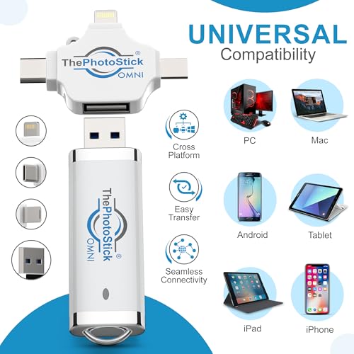 ThePhotoStick® Omni 64GB USB Flash Drive & Memory Stick – Photo & Video Backup for iPhone, Android, Mac & PC – Multiport Connection to Easily Store & Transfer Files