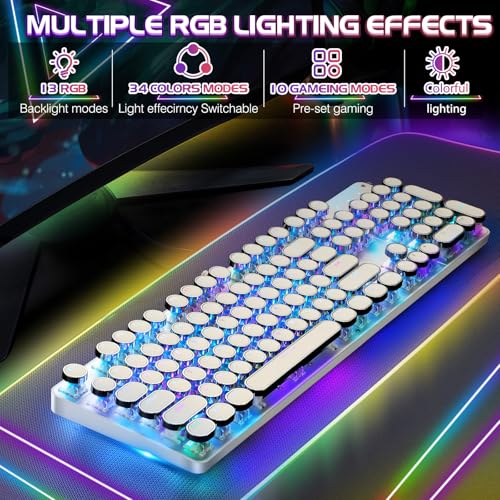 Typewriter Style Mechanical Gaming Keyboard RGB Backlit Wired with Blue Switch Retro Round Keycap 104 Keys Keyboard (White 104 Keys RGB) - Image 3