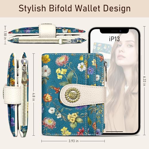 Image of Kelvoris Blue Vibrant Floral Small Rfid Women Wallet Zipper Coin Pocket | Bifold PU Leather Compact Cash Credit Card Holder Travel Purse for Female Ladies Teen Girls 1 ID Window 10 Card Slots