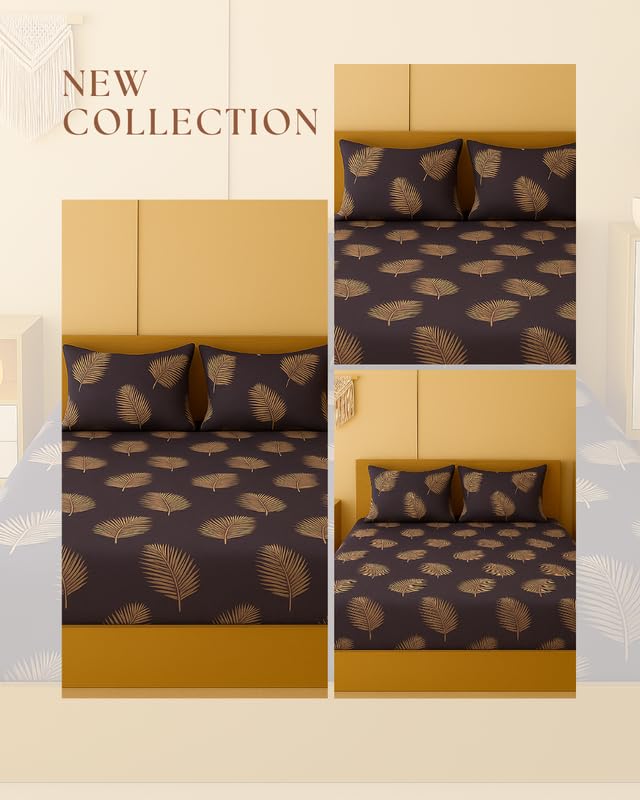 Image of NEW LEAF 320 TC Cotton All Around Elastic Fitted Printed Bedsheets King Size, Premium Fitted Bedsheets King Size for Double Bed with 2 Pillow Covers, Size- 78 inch x 72 inch Purple