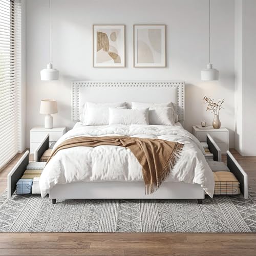 Image of VECELO Queen Size Upholstered Bed Frame with 4 Storage Drawers, Adjustable Velvet Rivet Decor Headboard, Wooden Slats Platform Support, No Box Spring Needed, Easy Assembly,White