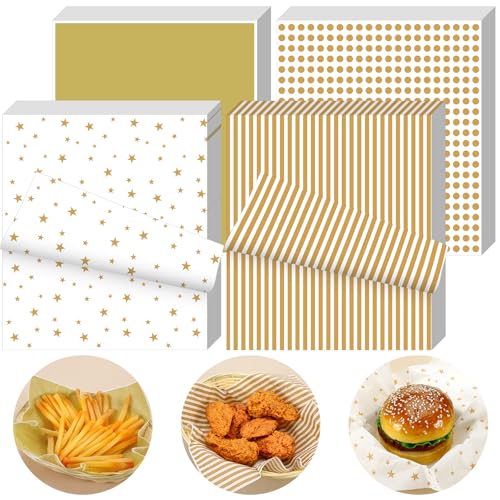 Feifeiya 200 Pcs Gold Wax Paper Sheets Food Greaseproof Paper Rainproof Sandwich Wrapping Greaseproof Food Basket Liners Kitchen Supplies for Gift Wrapping and DIY Crafts 9.8 x 8.7 Inch