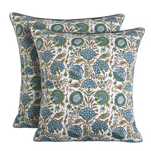 Ridhi Block Print Asparagus Green Pillow Cover 20' x 20' (Pack of 2) Decorative Couch Pillows for Living Room, Chic Boho Cute Outdoor Pillows Covers Gifts for Spring, Easter and Valentine