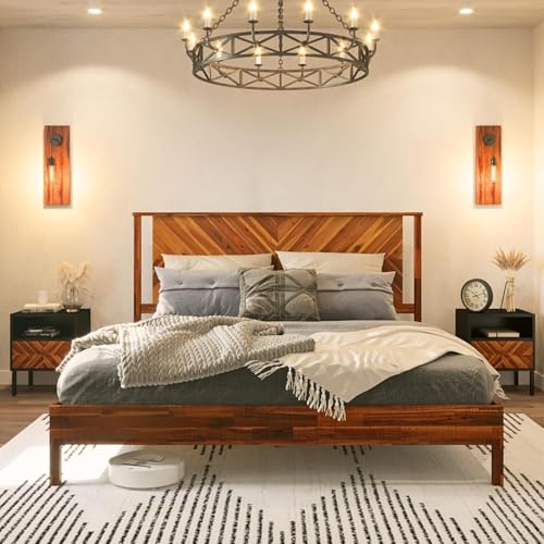 Image of Bme Vivian 14 Inch Deluxe Bed Frame with Headboard, Rustic & Scandinavian Style with Solid Acacia Wood, No Box Spring Needed, 12 Strong Wood Slat Support, Easy Assembly, King, Rustic Golden Brown