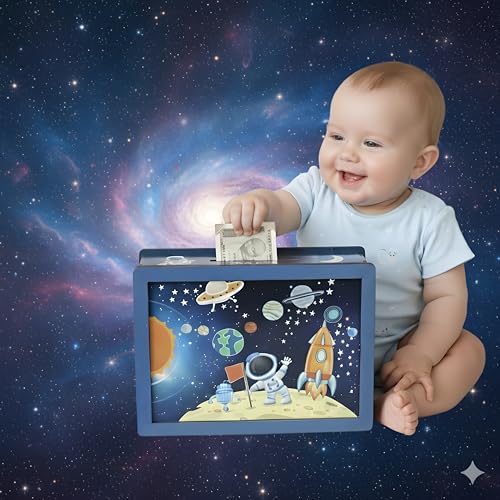 Image of DARSHANAM WORLD Space Theme Money Bank for Kids | Baby Learning Piggy Bank | Cartoon Astronaut Rocket Design Coin & Cash Saving Box | Educational Gift for Children (Galaxy)