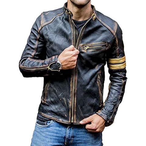 Mens Biker Cafe Racer Vintage Motorcycle Distressed Black Leather Jacket (M) Cover